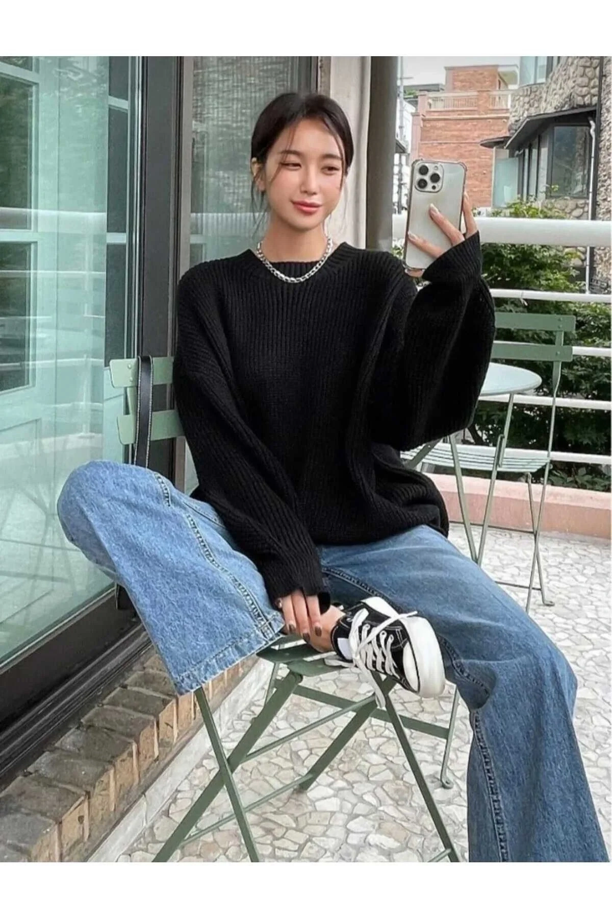 Kadın Siyah Bisiklet Yaka Uzun Kollu Düşük Omuz Oversize Selanik Örgü Triko Kazak