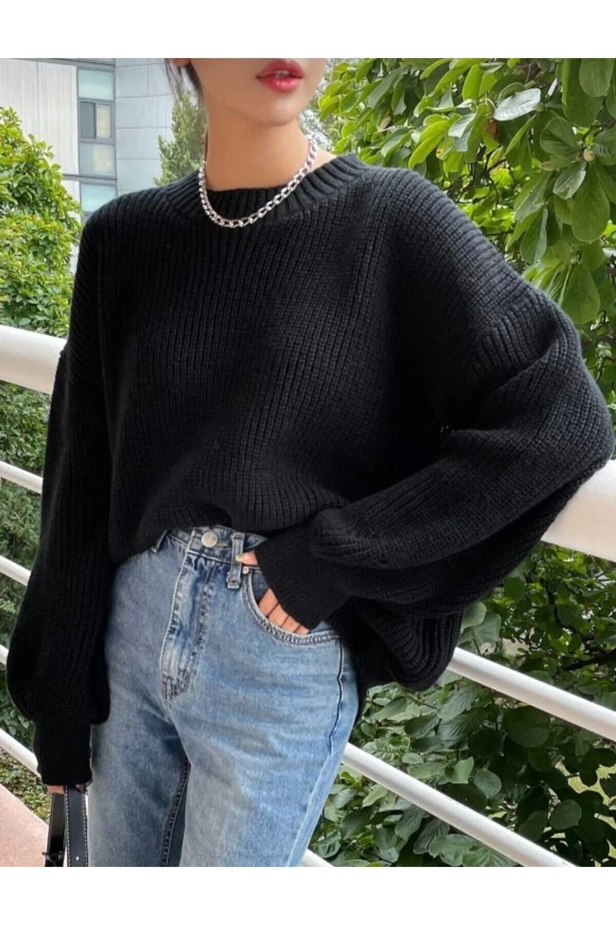Kadın Siyah Bisiklet Yaka Uzun Kollu Düşük Omuz Oversize Selanik Örgü Triko Kazak