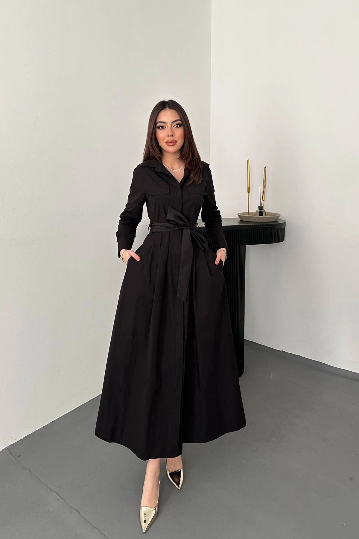 Siyah Düğmeli Poplin Elbise - SİYAH