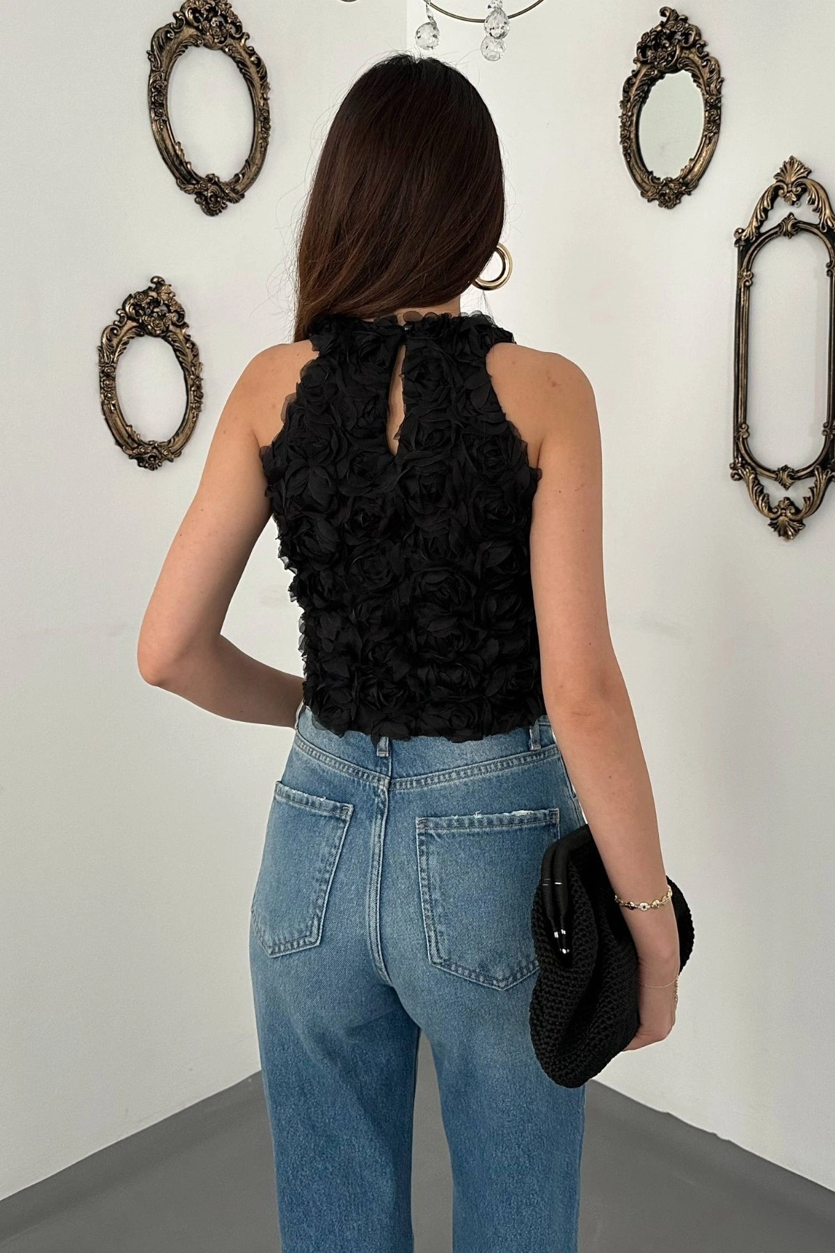 Kadın Siyah Gül Detaylı Astarlı Bluz