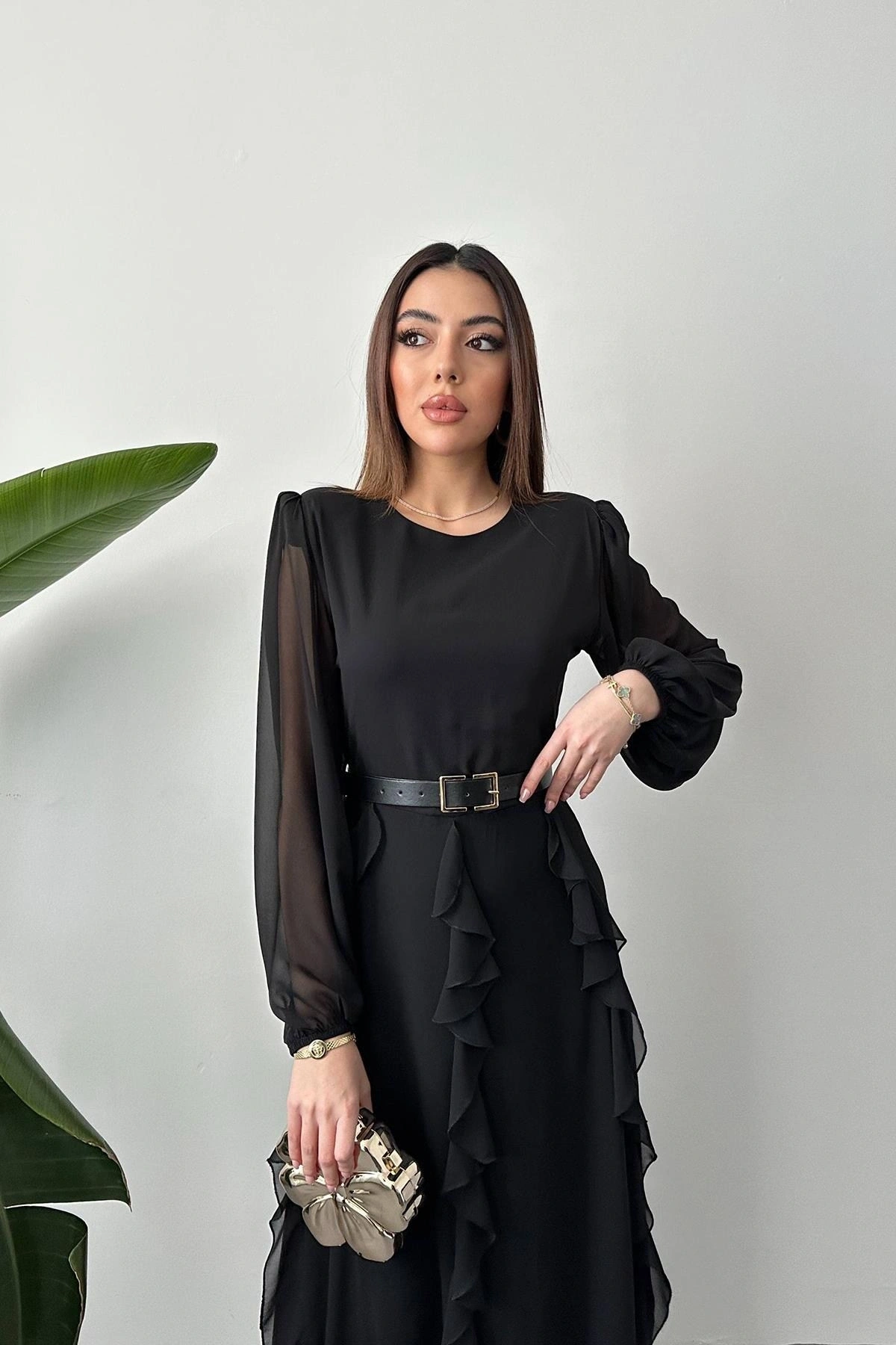 Siyah Kemerli Şifon Elbise - Siyah