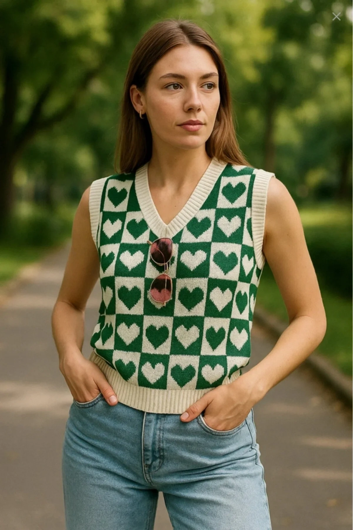 Kadın Yeşil Krem Kalp Desenli V Yaka Dama Kareli Yumuşak Dokulu Triko Süveter