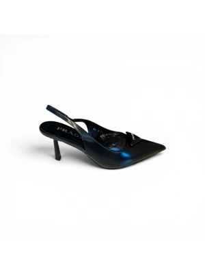 Prada 1287 Siyah Slingback Beyaz Yazılı Topuklu Kadın Ayakkabı