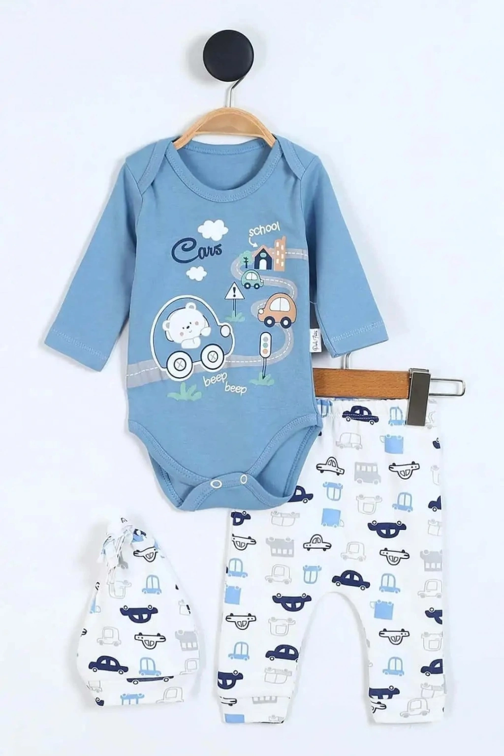Araba Baskılı Erkek Bebe Badili 3lü Takımı