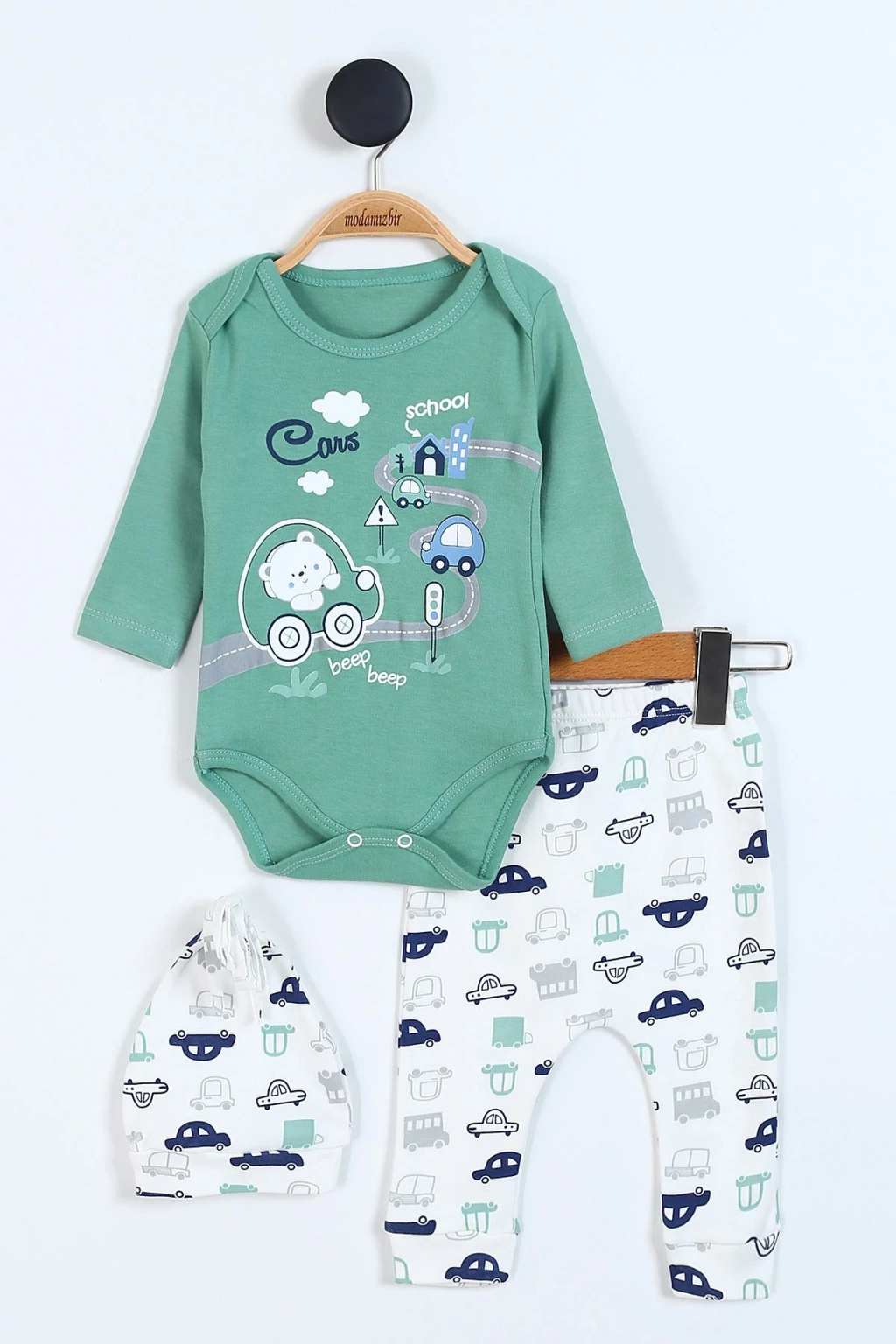 Araba Baskılı Erkek Bebe Badili 3lü Takımı