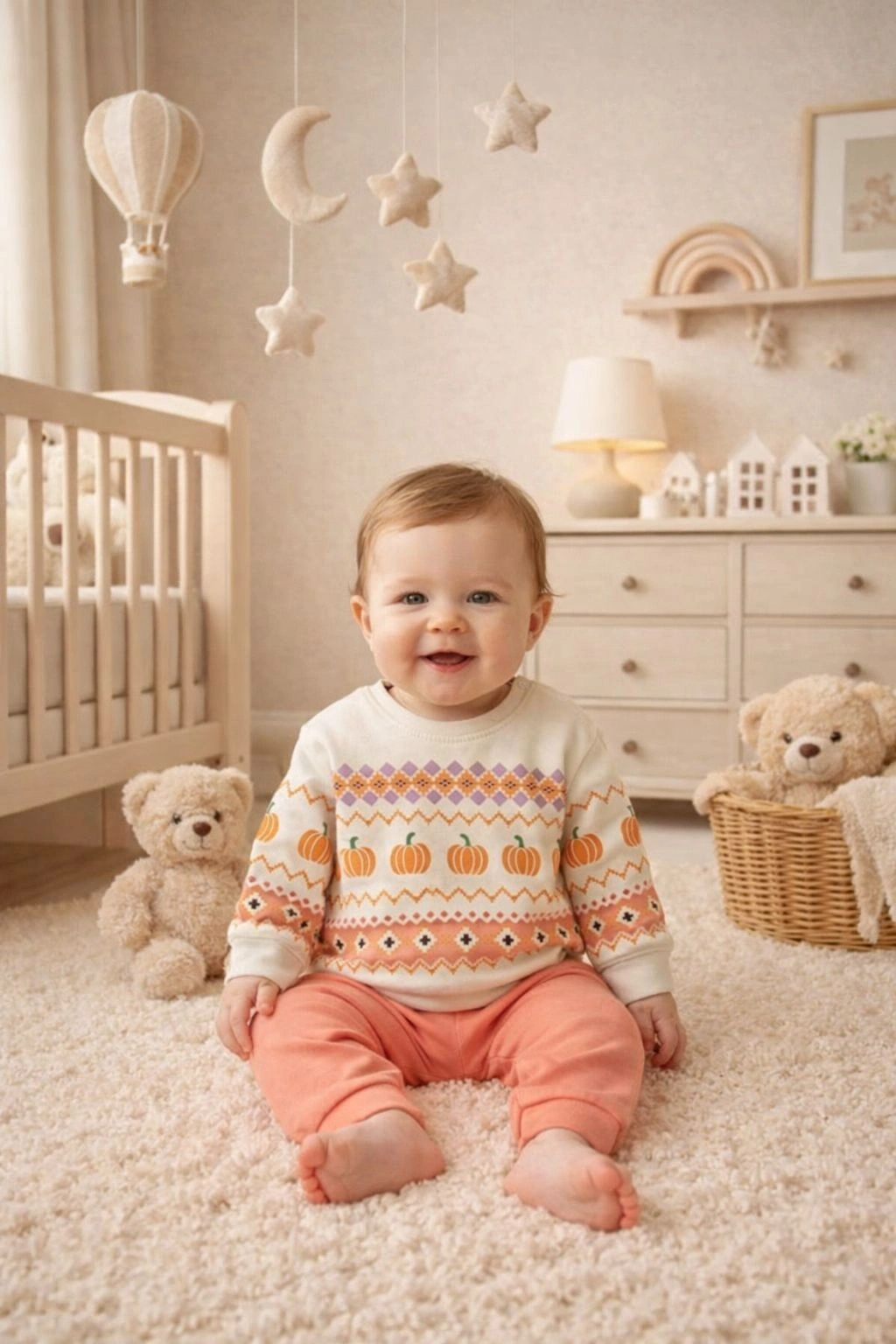 Gonca Bebe Çizgili Balkabağı Desenli Bebek Takımı