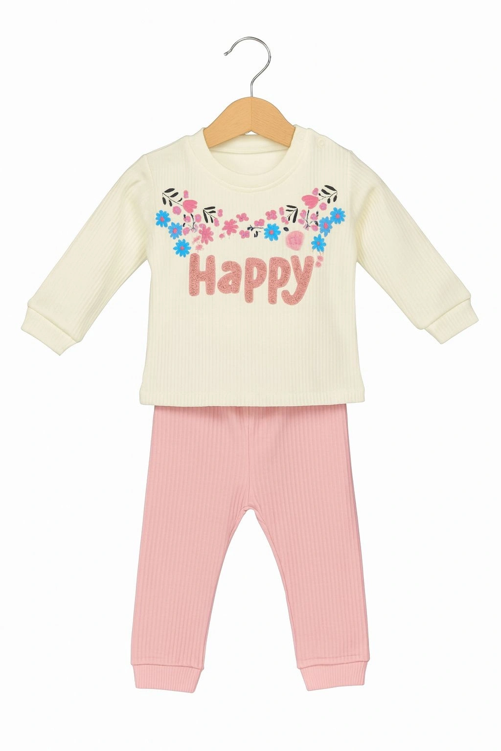 Happy Baskılı Çiçek Desenli Bebek Takımı