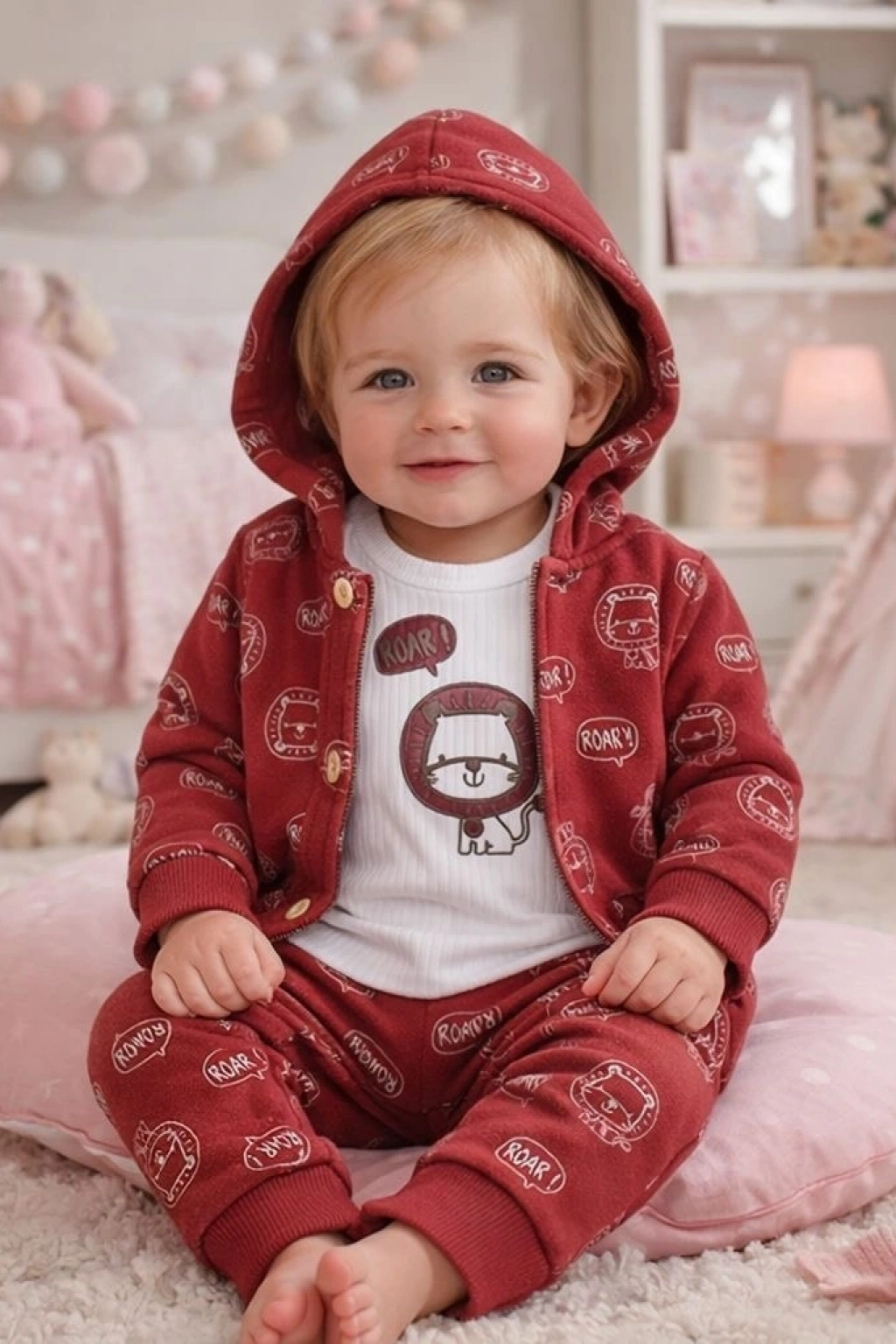 Nazar Roar Baskılı Kalın Kapşonlu 3lü Bebek Takımı