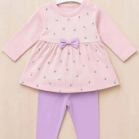 Fiyonklu Çiçek Desenli Kız Bebek Takımı