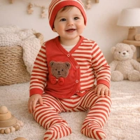 Gonca Bebe Ayıcık Nakışlı Papyonlu ve Şapkalı 3lü Bebek Takımı