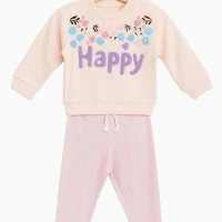 Happy Baskılı Çiçek Desenli Bebek Takımı