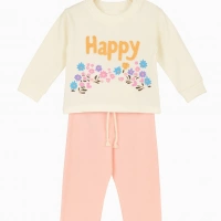 Happy Baskılı Çiçek Desenli Bebek Takımı