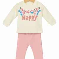 Happy Baskılı Çiçek Desenli Bebek Takımı