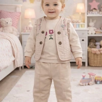 Hippıl Çiçek İşleme Yelekli Kız Bebe 3 lü Takım