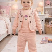 Hippıl Çiçek İşleme Yelekli Kız Bebe 3 lü Takım