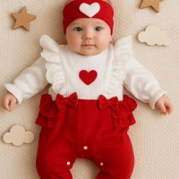 Kalp Baskılı Fırfırlı Bebek Tulumu