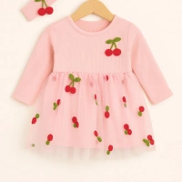 Kiraz Desenli 3lü Elbiseli Kız Bebek Takımı