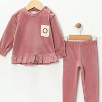 Nakışlı Kadife Kız Bebek Takımı