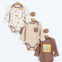 Necixs Fitilli Baskılı Uzun Kol 3lü Bebek Çıtçıtlı Badi