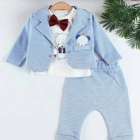 Papyonlu Ayı Nakışlı Ceketli 3lü Erkek Bebek Takımı