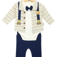 Papyonlu Ayıcık Desenli 3lü Erkek Bebek Takımı