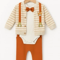 Papyonlu Ayıcık Desenli 3lü Erkek Bebek Takımı