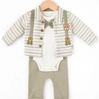 Papyonlu Ayıcık Desenli 3lü Erkek Bebek Takımı