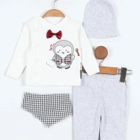 Penguenli Nakışlı 5li Bebek Zıbın Takımı