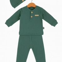 Yaka Düğmeli Şapkalı Bebe Takım