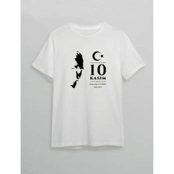 10 Kasım Atatürk Anma Günü ilüet Baskılı Oversize Bisiklet Yaka Tshirt  Beyaz