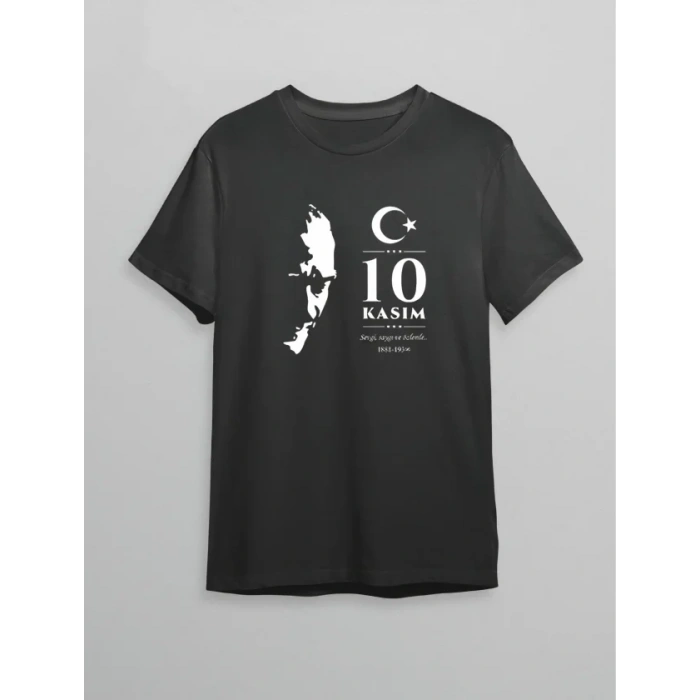 10 Kasım Atatürk Anma Günü ilüet Baskılı Oversize Bisiklet Yaka Tshirt  iyah