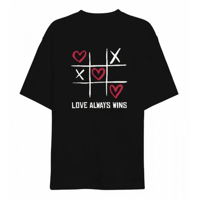 14 Şubat evgililer Günü ove Always Wins Baskılı Oversize Bisiklet Yaka Tshirt  iyah