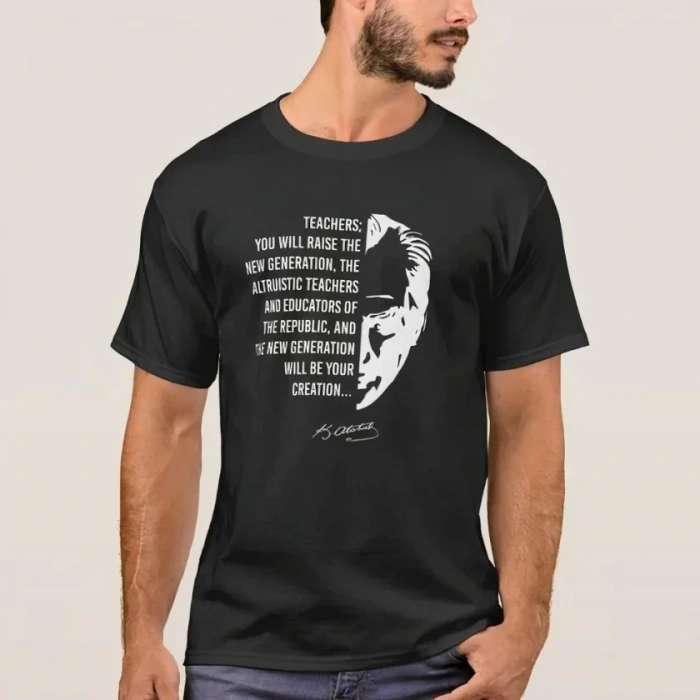 24 Kasım Öğretmenler Günü Temalı Baskılı Bisiklet Yaka Tshirt  iyah