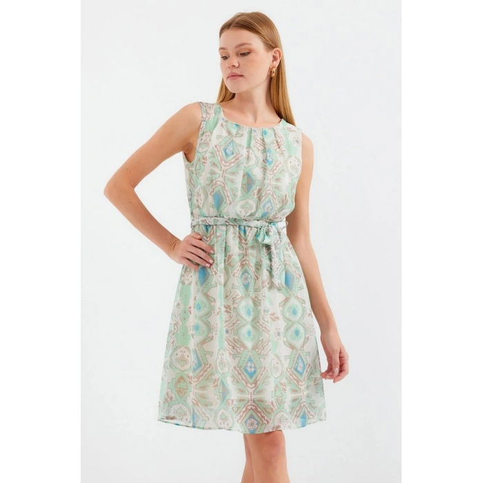 2501 Desenli Sıfır Kol Şifon Elbise  Mint