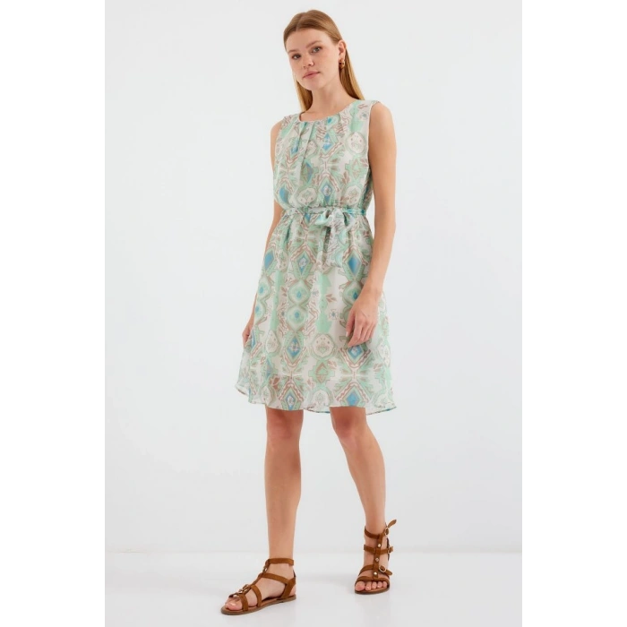 2501 Desenli Sıfır Kol Şifon Elbise  Mint