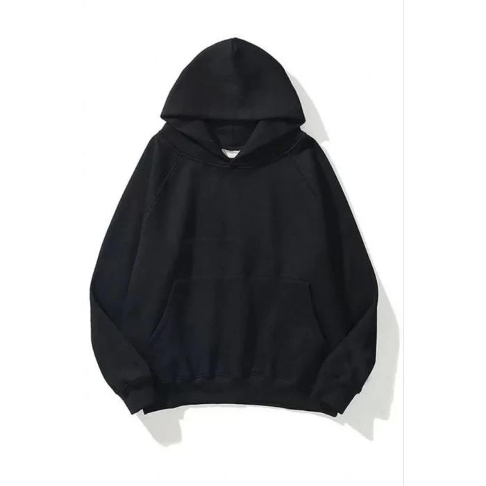 3 İplik Pamuklu Unisex Kapşonlu weetshirt  iyah