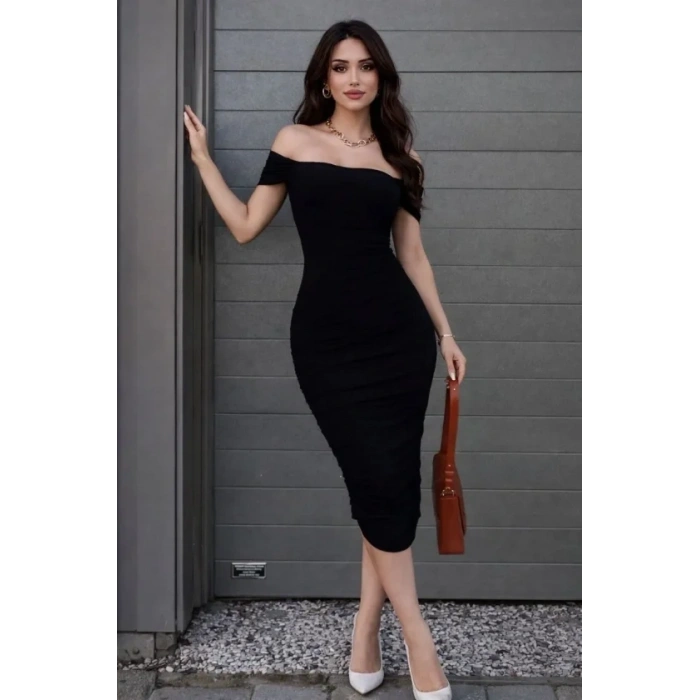 adonna Yaka Drapeli idi Elbise ikralı Vücuda Oturan Davet Elbisesi  iyah