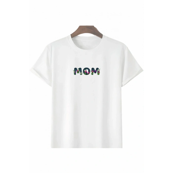 Anneler Gününe Özel Tasarım om Çiçek Baskılı Tshirt  Beyaz