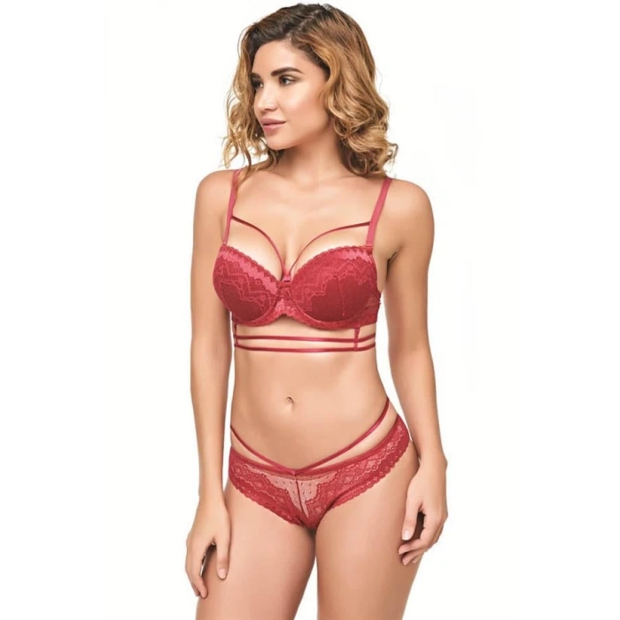 Secretsita Balenli Destekli Dolgulu Askıları Çıkabilen Yaka Detaylı Çıkabilen Göğüs Altı Aksesuarlı Dantelli Sütyen ve String Takım