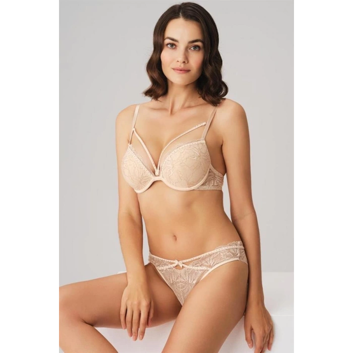 Secretsita Balenli Destekli Dolgulu Yaka Detaylı Taşlı Dantelli Sütyen ve String Takım