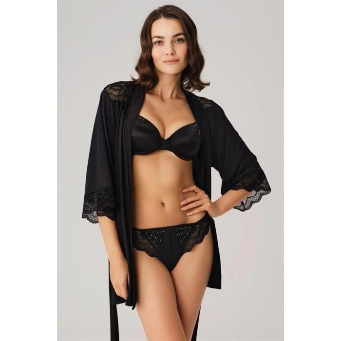 Secretsita Dantelli Sabahlık Balenli Destekli Dolgulu Taşlı Sütyen ve String 3lü Takım