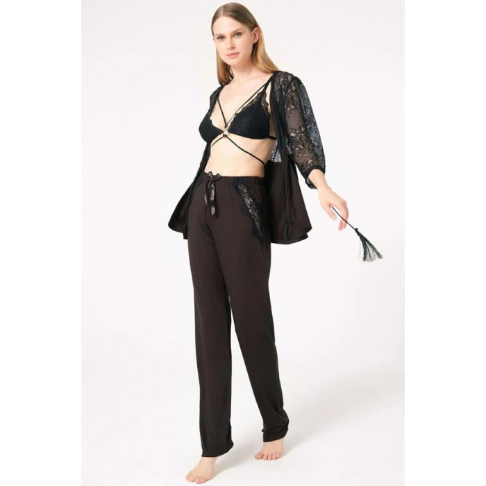 Secretsita Dantelli Sabahlık Balensiz Desteksiz Dolgusuz Yaka Detaylı Sütyen ve Pantolon Pijama 3lü Takım