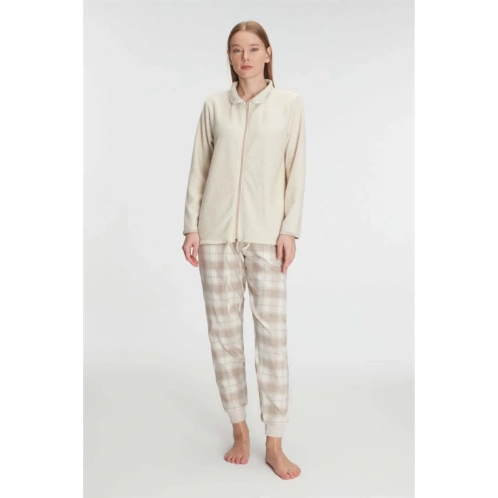 Secretsita Fermuarlı Uzun Kol Sweatshirt Pantolon Takım Viskon ve Pamuklu Pijama Takımı