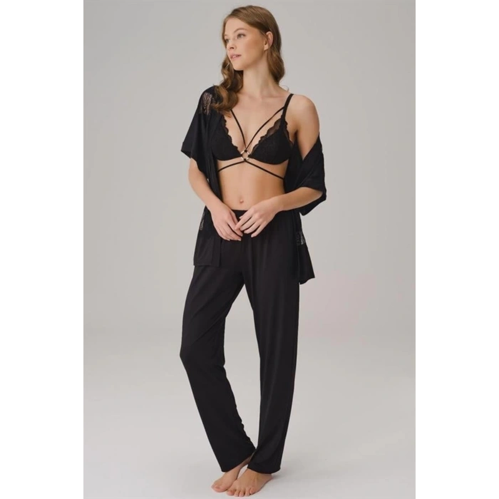 Secretsita İp Askılı V Yaka Düz Yazlık Uzun Dantel Detaylı Pijama Takımı Sabahlık