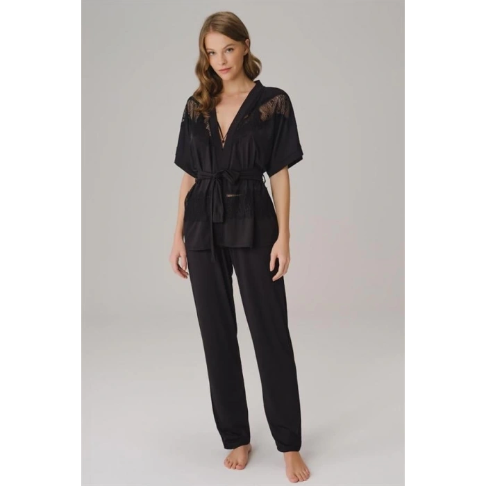 Secretsita İp Askılı V Yaka Düz Yazlık Uzun Dantel Detaylı Pijama Takımı Sabahlık