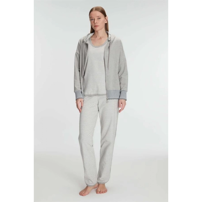 Secretsita Pamuklu Uzun Kol Fermuarlı Swearshirt Sıfır Kol T-Shirt ve Pantolon Pijama Takım