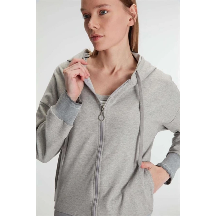 Secretsita Pamuklu Uzun Kol Fermuarlı Swearshirt Sıfır Kol T-Shirt ve Pantolon Pijama Takım