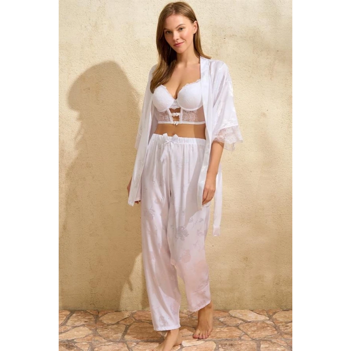 Secretsita Saten Çiçek Desenli Dantelli Sabahlık Balenli Destekli Dolgulu Büstiyer Sütyen ve Pantolon Pijama 3lü Takım