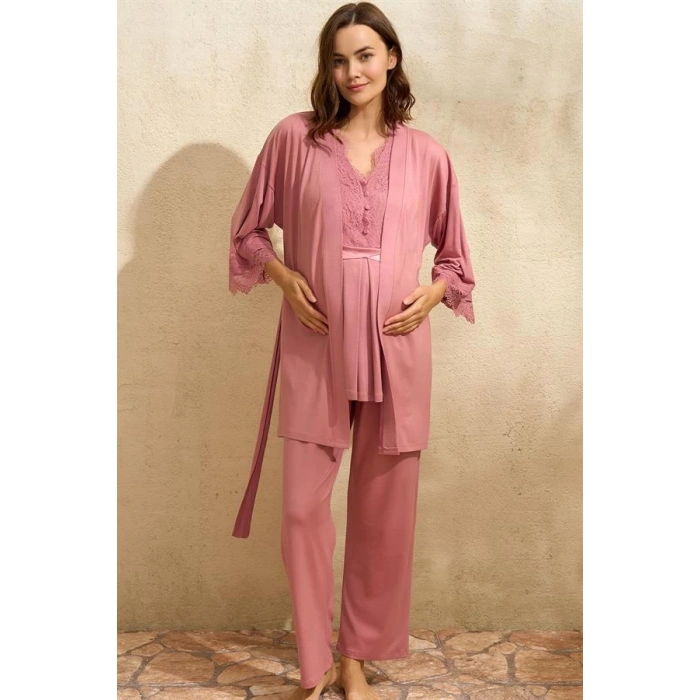Secretsita Sıfır Kol V Yaka Kadın Viskon Düz Yazlık Uzun Dantel Detaylı Hamile Pijama Takımı Sabahlık