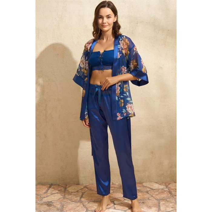 Secretsita Tül Çiçek Baskılı Sabahlık Balensiz Desteksiz Dolgusuz Dantelli Büstiyer Sütyen ve Saten Pantolon Pijama 3lü Takım